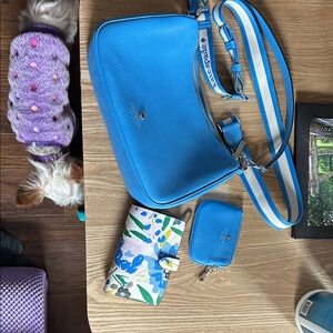 kate spade bright blue pebbled leather crossbody with striped strap